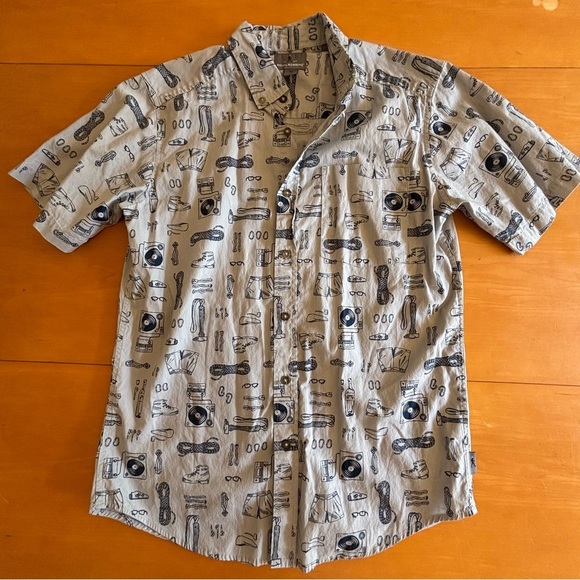 Royal Robbins M retro blue print record pipe short sleeve button down shirt - Picture 1 of 11